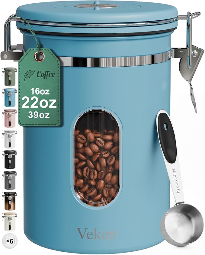 Veken Coffee Canister with Window, Airtight Stainless Steel Kitchen Food Storage Container with Lids, Date Tracker and Scoop for Grounds Coffee, Beans, Tea, Flour, Cereal, Sugar Jars, 22OZ, Blue
