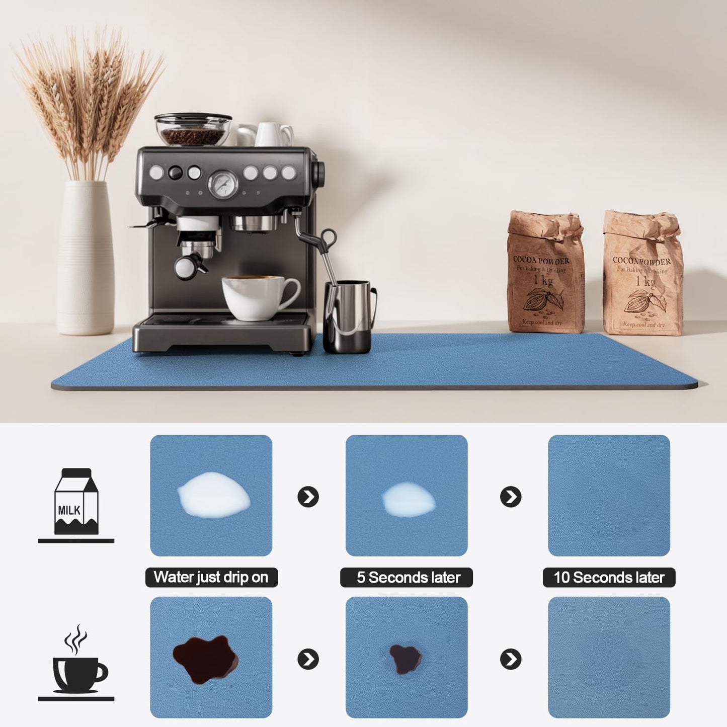 Dish Drying Mat for Kitchen Counter | Coffee Bar Mat for Countertops | Heat Resistant Drainer Mat with Non-slip Rubber Backed | Hide Stain Kitchen Absorbent Draining Mat | Blue 18"x24"