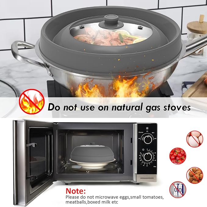 Microwave Splatter Cover for Food,10.5inch Glass Silicone Dish Plate Cover,Collapsible,Food Grade, Splash Guars with Silicone Grip Handle
