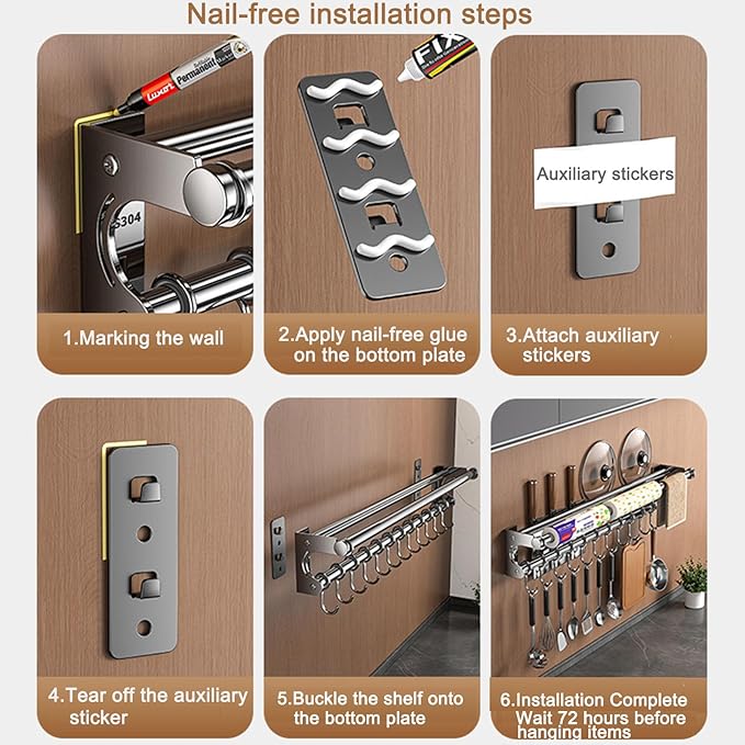 Silver 40CM+8Hook Modern Kitchen Utensil Hanger, Space-Saving Wall Mount Knife Wall Mount, Kitchen Storage Shelf with Hooks, Easy to Clean