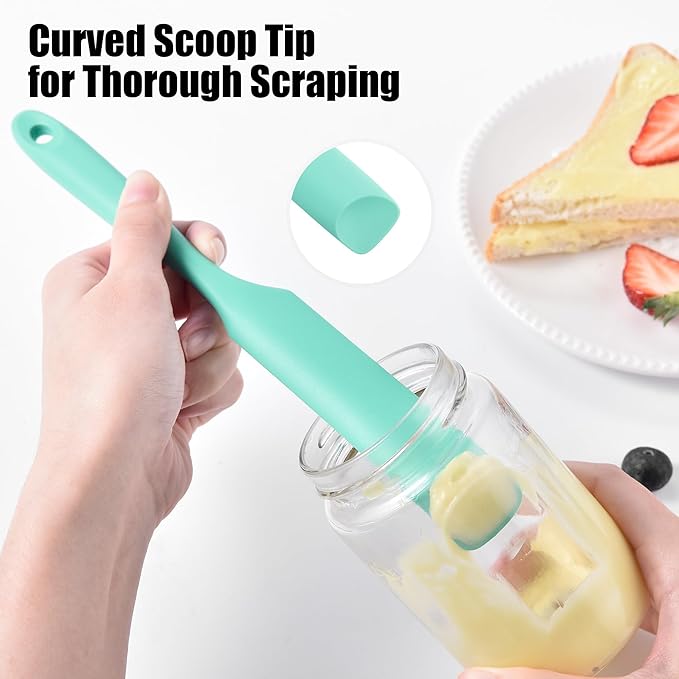 Doosu 18/8 Stainless Steel Food-Grade Measuring Coffee Scoop with 8.5in Long Handle (1 & 2 Tbsp) and 600°F Heat Resistant Silicone Jar Scraper Spatula (Aqua Sky)