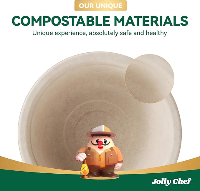 JOLLY CHEF Compostable Disposable Paper Bowl [16 oz] Heavy Duty Soup Containers [150 Pack] Biodegradable Bagasse Hot Cold Eco-Friendly Natural Sugarcane Microwavable Bowls for Thanksgiving Day