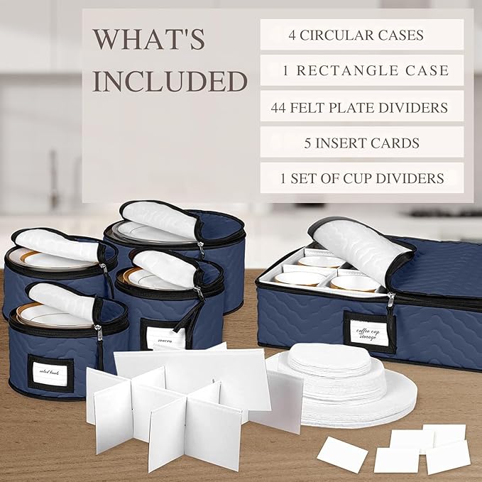 China Storage Containers 5-Piece Set Moving Boxes for Dinnerware, Glasses, Plates, Mugs and Saucers Sturdy Quilted Microfiber Dish Organizer with Dividers for Seasonal Storage - Holds Set of 12, blue