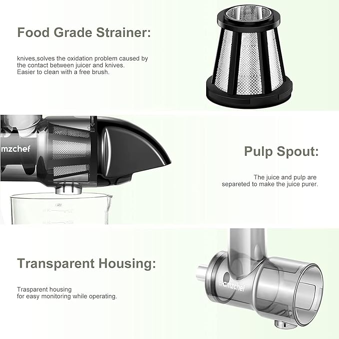 Masticating Juicer Attachment for All Kitchen Aid Stand Mixers, Easy to Clean Slow Juicing Parts, Cold Press Accessories for Fruits & Vegetables, Machine not Included, Black