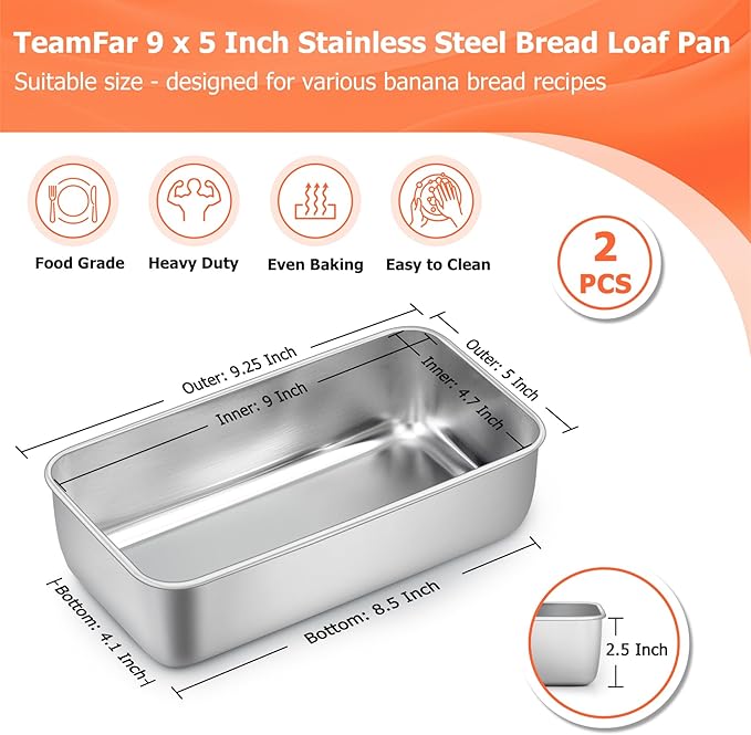 TeamFar Loaf Pans for Baking Bread, 9 × 5 Inch Stainless Steel Loaf Bread Pans Tins for Homemade Brownies, Healthy & Sturdy, Oven & Dishwasher Safe - Set of 2