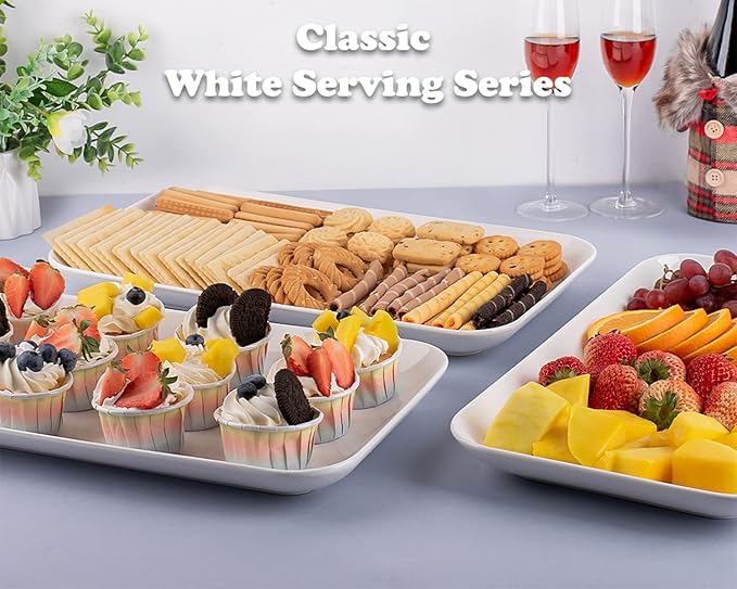DELLING 16 Inch Large Serving Platter Set of 3, White Porcelain Platters for Serving Food - Rectangular Serving Trays for Party Entertaining, Oven Safe to 590°F, Dinnerware