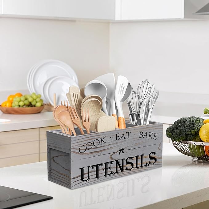 Suli Extra Large Kitchen Utensils Holder with 4 Compartments, Wooden Utensil Organizer for Kitchen Countertop, Farmhouse Decor, Rustic Cooking Utensil - Grey grain