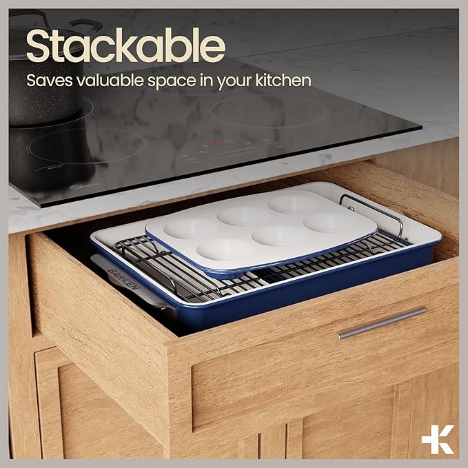 Bakken 8-Piece Stackable Bakeware Set - Ceramic Non-Stick Coating, Baking Sheets, Assorted Baking Pans, PTFE, PFOA & PFOS Free - Healthy Baking, Ergonomic Handles, Cooling Rack, Non-Toxic, Oven-Safe