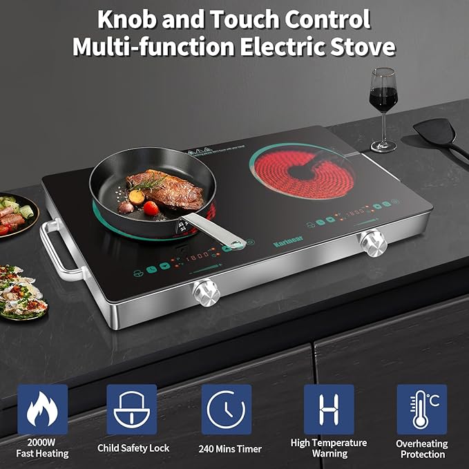 Karinear 2 Burner Electric Cooktop 110V, Portable Electric Stove with Handle, Knob Control Electri Hot Plate, Ceramic Countertop Burner, Timer, Safety Lock, 9 Power Level, 2000W, 24 inch(Green)