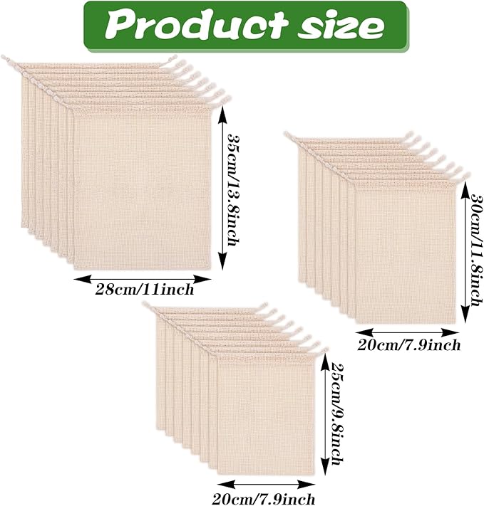 18 Pack Reusable Produce Bags Reusable Washable - Vegetable Grocery Cotton Mesh Bags for Farmers Market, Beach, and Refrigerator Storage Vegetables (6xS, 6xM, 6xL)