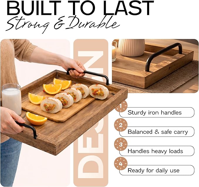 Besti Rustic Vintage Food Serving Trays (Set of 2) | Nesting Wooden Board with Metal Handles | Stylish Farmhouse Decor Serving Platters | Large: 15 x2 x11 - Small: 13 x2 x9 inches (Rustic Burnt)
