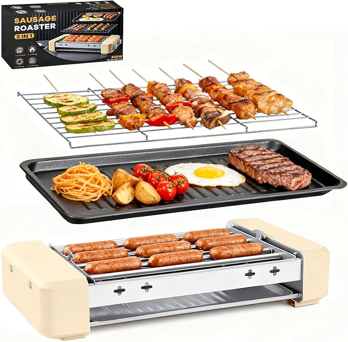 Electric Hot Dog Roller 3 in 1 Indoor Grills Portable with Non-stick & Smokeless Removable Grill & BBQ Griddle Plate, Stainless Sausage Grill Cooker Machine Fits 9 Sausage for Family Party