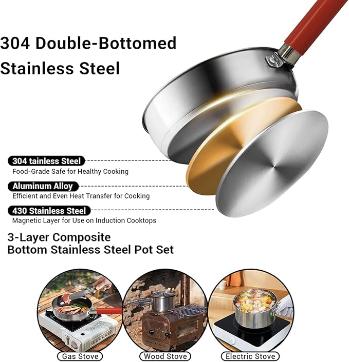 Camping Cookware Set 304 Stainless Steel Cooking Pots Pan Set with Travel Tote Bag for Camping Outdoor Kitchen Cooking Picnic for 4-6