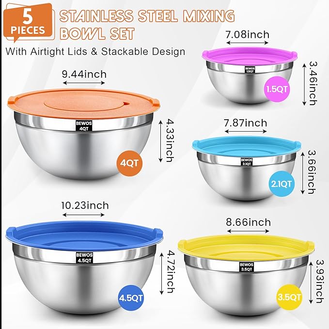 BEWOS Mixing Bowls with Lids Set - 5 Pcs Stainless Steel Mixing Bowls With 3 Grater Attachments, Size 4.5, 4, 3.5, 2.1, 1.5QT Metal Bowls for Baking and Serving (Colored)