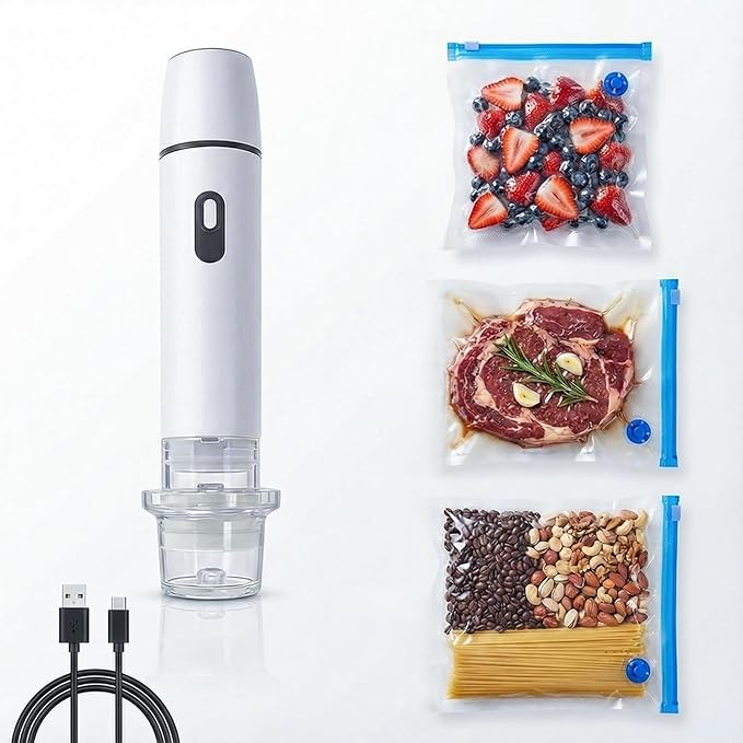 Vacuum Sealer + 15 Reusable Vacuum Bags Powerful Portable Vacuum Sealer for Food，White