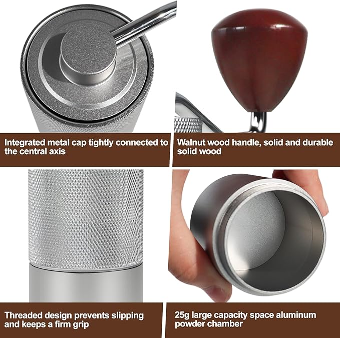 Manual Coffee Grinder Gift Box Non-Detachable Stainless Steel Conical Burr Aluminum Coffee Bean Grinder with 25 Grinding Settings Cleaning Brush Grindable Espresso Moka Pot for Camping Silver