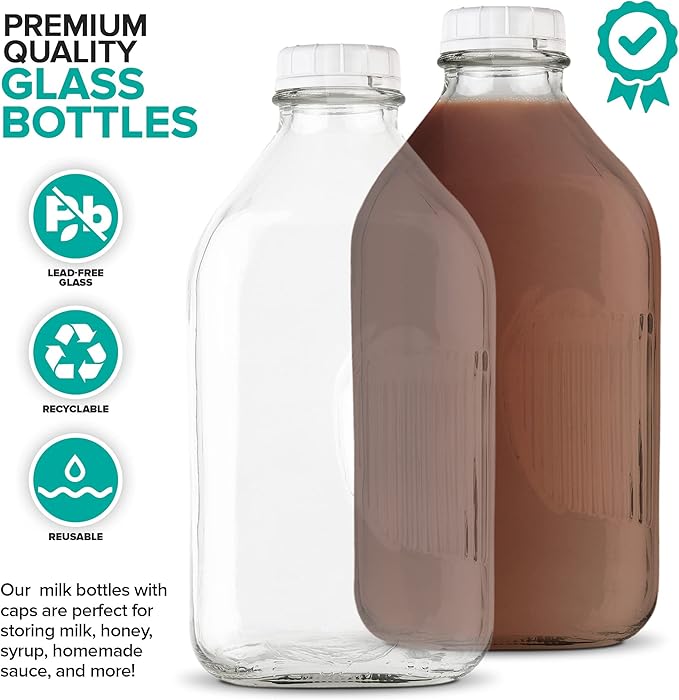 Stock Your Home Half Gallon Glass Bottle with Lid (1 Pack) 64 Oz Jugs and 3 White Caps, Reusable Food Grade Container for Refrigerator, Bottles for Juice, Oat or Plant Milks, Water, Honey