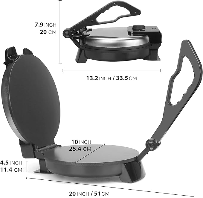 FineMade Compact 10'' Roti Maker Machine, Electric Tortilla Press with Detachable Handle, Prensa Para Tortillas,Chapati Maker Machine, Burrito Maker, Tortillera, Black