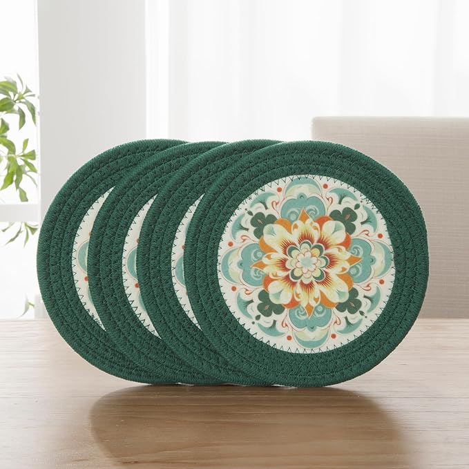 SHACOS 8 Inches Trivets for Hot Dishes, 4 Pieces Cotton and Felt Floral Trivets Mats for Kitchen, Hot Pads for Countertops and Table, Heat-Resistant Pot Holders for Hot Pots and Pans, Dark Green