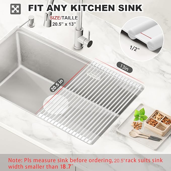 MERRYBOX Roll Up Dish Drying Rack Silicone Wrapped Over The Sink Dish Rack Foldable Dish Drainer Anti-Slip Dish Racks for Kitchen Counter, Multipurpose Kitchen Sink Drying Rack, 20.5" x 13", White
