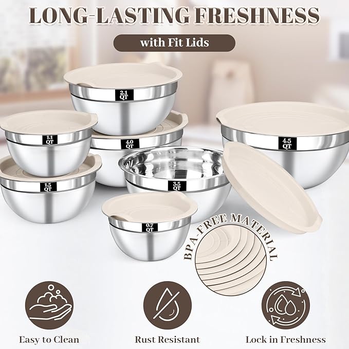 Mixing Bowls with Lids Set - 7PCS Nesting Mixing Bowls, Lids, Stainless Steel Mixing Bowls for Mixing, Baking & Meal Prep, Dishwasher Safe, Size 0.7/1.1/1.5/2.1/3.5/4/4.5 QT, Khaki