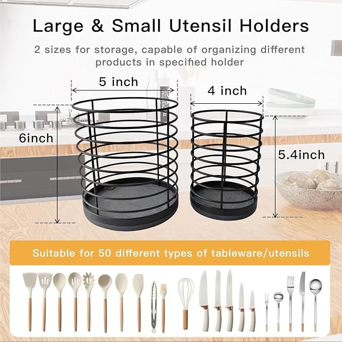 Set of 2 Utensil Holder, Large Metal Kitchen Utensil Holder and Small Silverware Holders with Diatomite Stone Base, Prevents Water Buildup, Utensil Drying Rack for Cooking Tools&Silverware, Black
