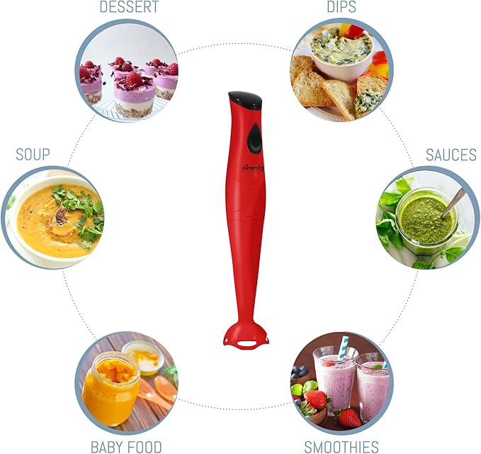 Elite Gourmet Electric Immersion Hand Blender, Mixer, Chopper, 1-Touch Control Multi Purpose Hand Blender Stick, Mixer, Chopper, 150 Watts One-Touch Control For Soups, Sauces, Baby Food, Red