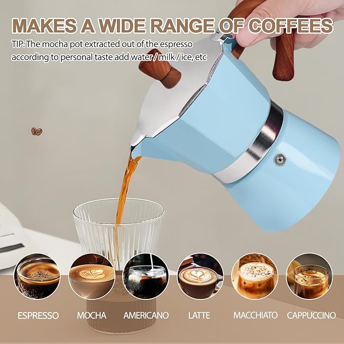 Aluminum 3 Cup 150ml Moka Pot Express Coffee Maker Stovetop Espresso Colorful Coffeemaker Italian Classic Style Brewing Greca Cafe Mocha Machine for Cafeteras Lover Camping Travel and Home Use 5oz