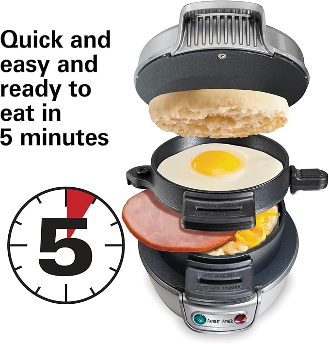 Hamilton Beach Breakfast Sandwich Maker with Egg Cooker Ring,Customize Ingredients,Perfect for English Muffins,Croissants,Mini Waffles,Perfect White Elephant Gifts,Silver (25475),(Pack of 4)