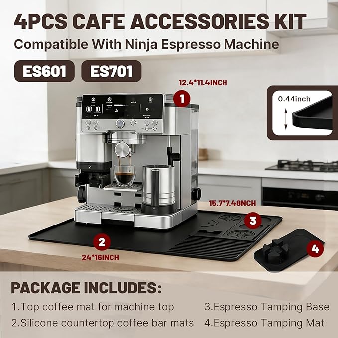 4-in-1 Coffee Maker Mat for Ninja Luxe Cafe Machine ES601 & ES701, Silicone Top Mat + Coffee Bar Mat + Espresso Tamping Mat + Tamping Base -Waterproof Bar Accessories