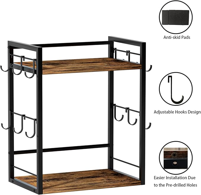 Dorhors 2 Tier Coffee Bar Accessories and Organizer,Multi-functional Mug Holder with 12 Hooks,Wood Coffee Station Organizer,Kitchen Countertop Shelf (Rustic Brown)