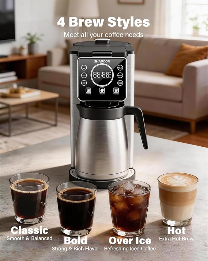 SHARDOR Programmable 5 Cup Drip Coffee Maker, Single Serve Hot & Iced Coffee Machine for K Cup & Grounds, 95oz Removable Reservoir, 6–24oz Brew Size, Strong Brew, Stainless Steel Thermal Carafe, Black