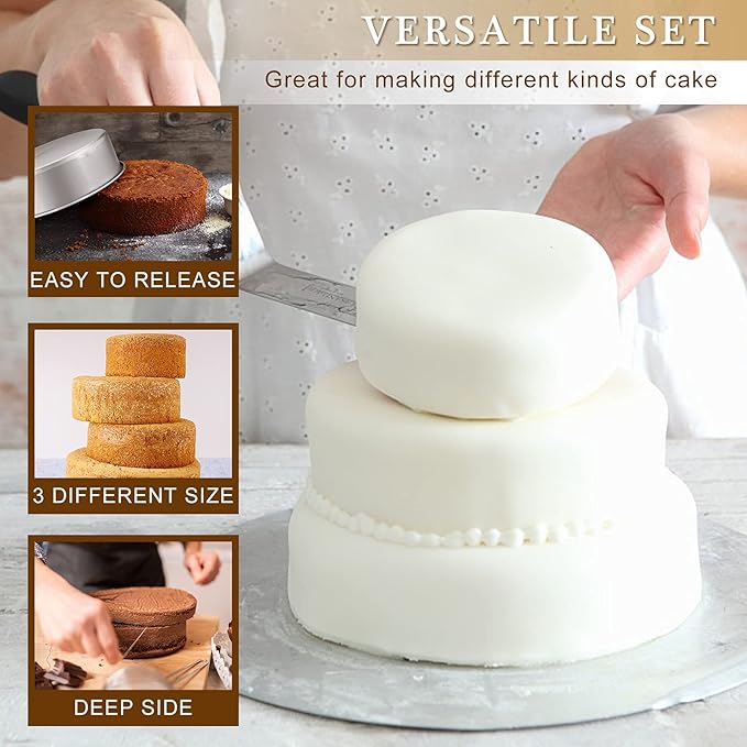E-far Deep Cake Pan Set of 3 (6 inch/8 inch/9½ inch), Stainless Steel Round Layer Cake Baking Pans, Metal Tier Cake Tins for Wedding Birthday, Leak Proof & Straight Side, Non-toxic & Dishwasher Safe