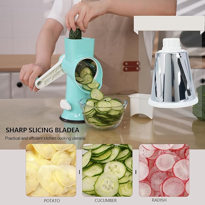 Rotary Cheese Grater with Handle-Versatile Cheese Grater Non-Slip Suction Base,Cheese Shredder & Food Slicer for Cheese,Carrots, Cucumbers,Nuts-Compact & Easy Clean Kitchen Kitchen Tool (blue)