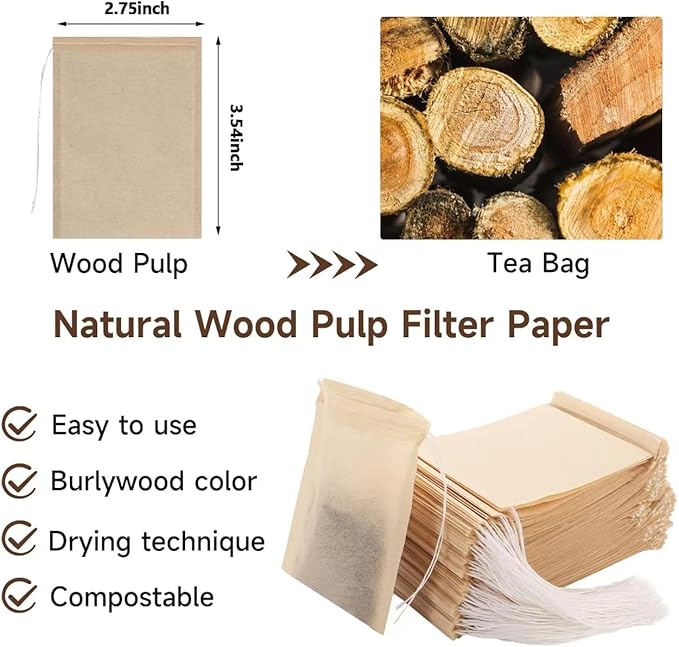 200Pcs Tea Filter Bags, Disposable Tea Filter Bags for Loose Leaf Tea from Safe Natural Materials, Empty Tea Bags Suitable for Loose-Leaf Tea, Coffee, Spices, Herbs (3.54 x 2.75 inch)