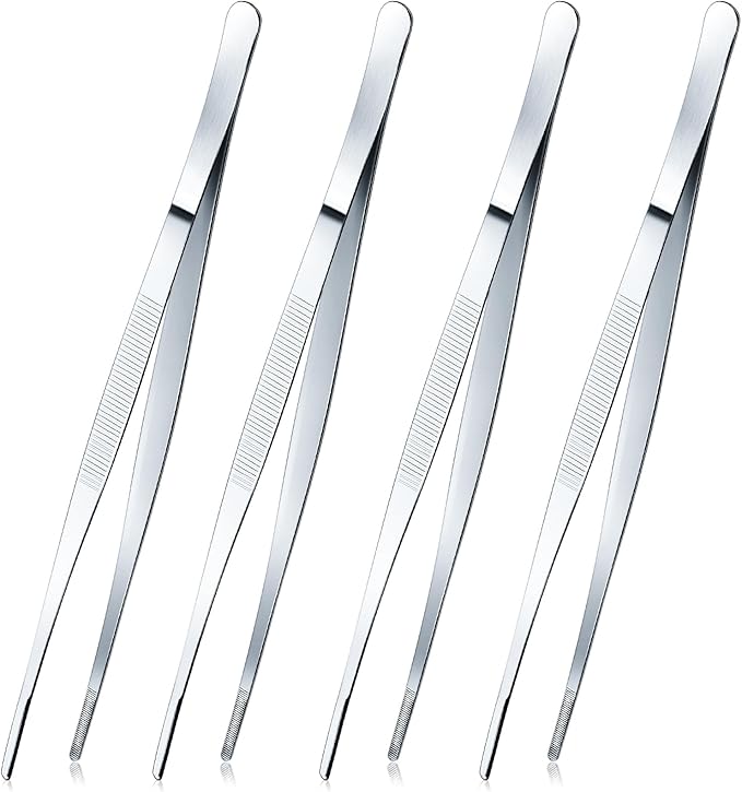 Yaomiao 4 Packs Bar Tweezers Long Garnish Tongs Bar Tweezers Stainless Steel Korean Bbq Tongs for Bartender Cocktail Cooking Food(Silver,10 Inch)