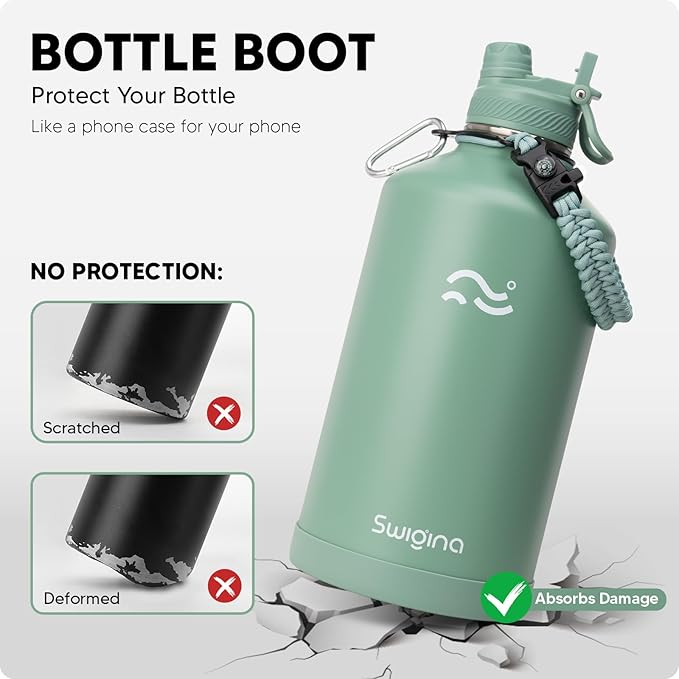 Swigina [2-IN-1 LID] Gallon Insulated Water Bottle with Silicone Boot (48hrs Cold/24hrs Hot) - DIY Stickers, Leakproof, BPA Free, 128 oz