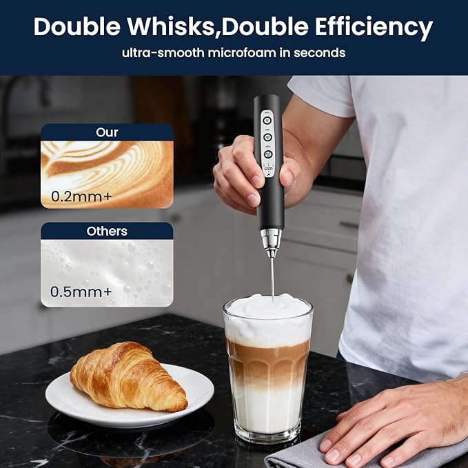 Sakgos Milk Frother with Stand Rechargeable-Handheld Coffee Frother with 3 Stainless Whisks 3 Speed Adjustable, Electric Whisk Drink Mixer, Foam Maker Blender for Matcha Latte Cappuccino Chocolate
