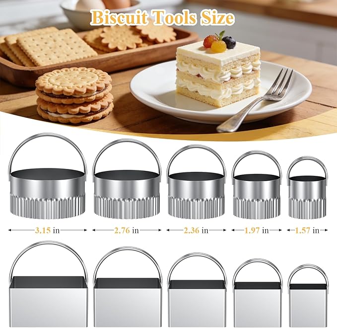 Biscuit Cutter Set of 10 pcs, Square and Fluted Cookie Cutter Set with Handle, Stainless Steel Round Biscuit Cutters, Professional Baking Dough Tools