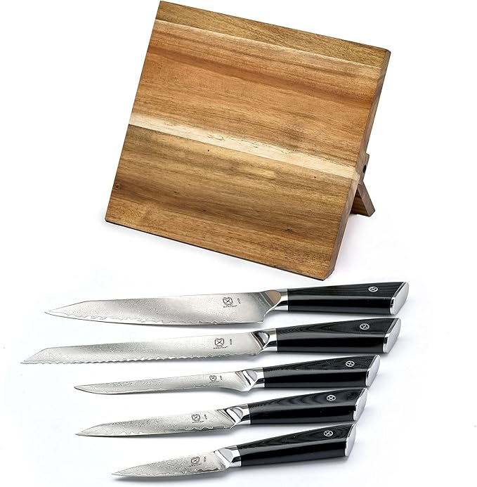 Mercer Culinary Premium Grade Super Steel 6-Piece Knife Set with Magnetic Acacia Stand, G10 Handles