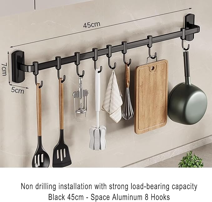 Utensil Hooks Kitchen Rail with Hooks Kitchen Hooks for Utensils Utensil Holder Wall Utensil Rack Kitchen Hooks,Black,45cm