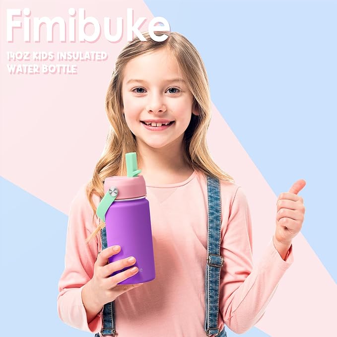 Fimibuke Kids Insulated Water Bottle, 14oz BPA FREE 18/8 Stainless Steel Travel Tumbler Double Wall Vacuum Leak Proof Kids Cup with Straw Metal Water Bottle for School Boys Girls(1 Pack, Magenta)