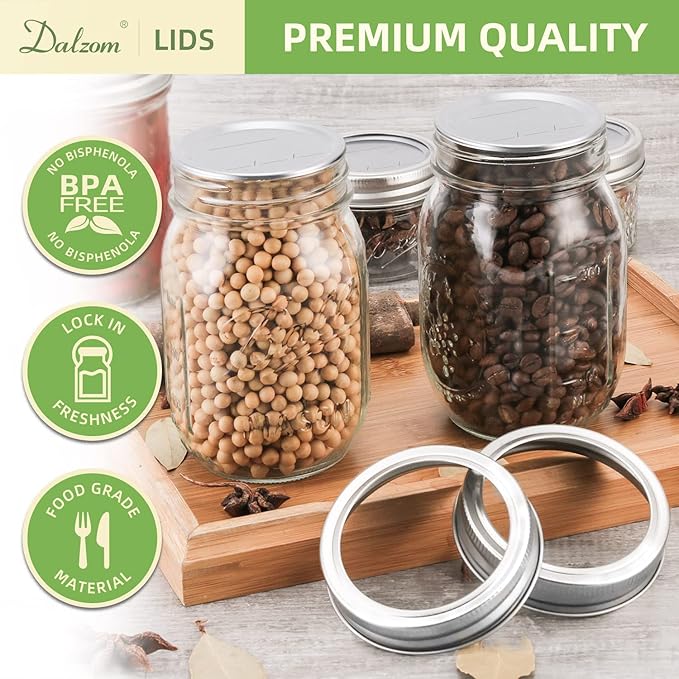 Dalzom® 72Pcs Canning Lids with 72Pcs Rings Wide Mouth, Premium Mason Jar Lids with Rings for Ball, Kerr Jars - Food Grade Material, 100% Fit & Airtight for Wide Mouth Mason Jars