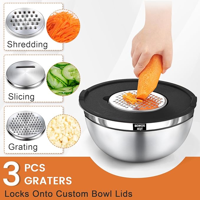 BEWOS Mixing Bowls with Lids Set - 5 Pcs Stainless Steel Mixing Bowls With 3 Grater Attachments, Size 4.5, 4, 3.5, 2.1, 1.5QT Metal Bowls for Baking and Serving (Black)