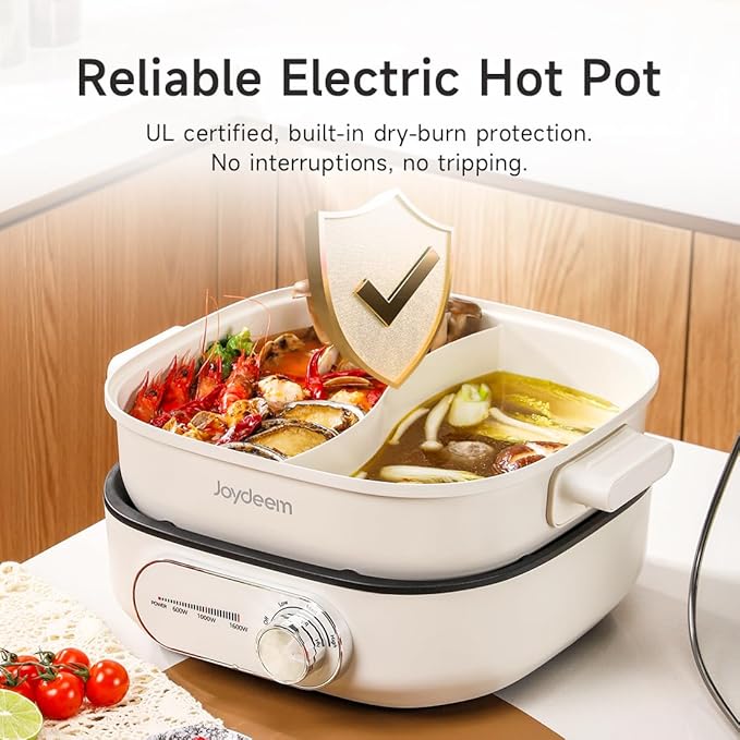 Joydeem Electric Hot Pot with Divider, 6L/6.3 qt Double-Flavor Shabu Shabu Pot, UL Listed & Boil-dry Protection, Suitable for 2-6 People, DHG-B600