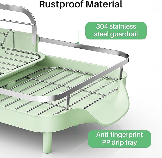 SAYZH Dish Drying Rack - Expandable Dish Rack for Kitchen Counter, Rust-Resistant Dish Drainer with Utensil Holder and Raised Guardrail, Kitchen Organizer for Cup and Bottle (Green)