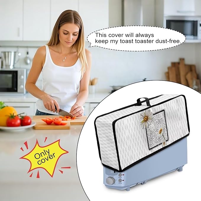 Toaster Cover 2 Slice White Daisy Fabric Water-Resistant Folding 2 Slice Slim Toaster Cover, Heat-Resistant Dustproof Protective Covers for Small Appliance