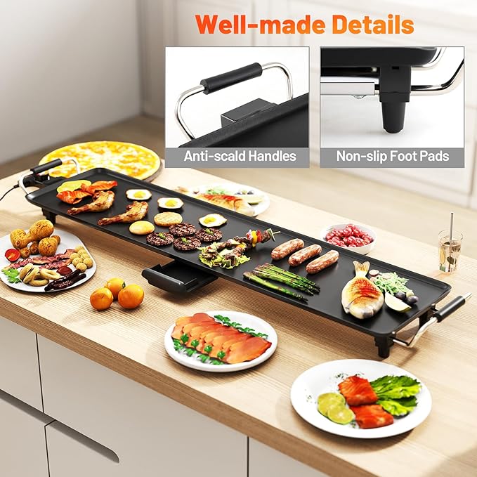 35” Electric Griddle, Extra Large Nonstick Teppanyaki Grill with Adjustable Temperature, Drip Tray & Insulated Handles, Easy-to-clean Pancake Griddle, BBQ Grill for Indoor Outdoor & Party