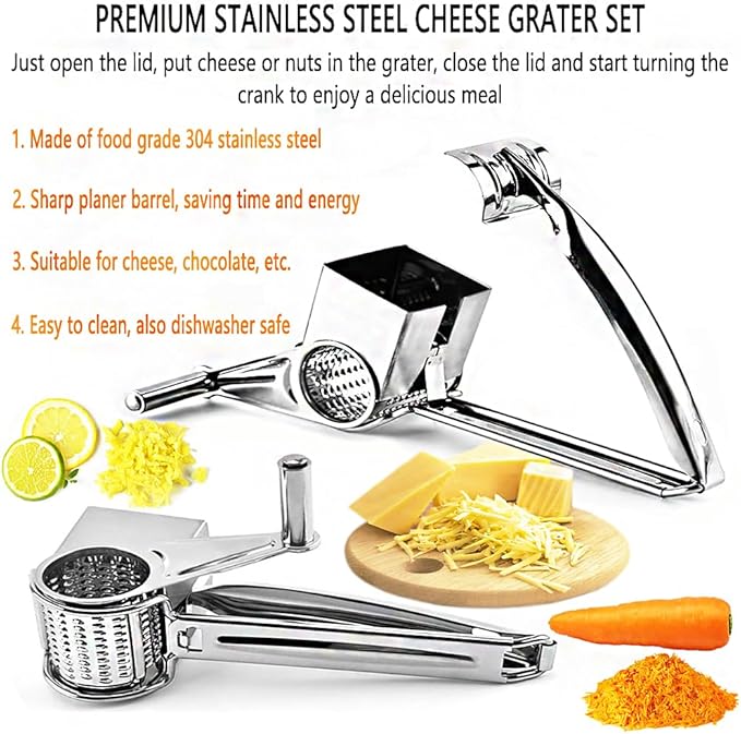 Cheese Grater set, Stainless steel Parmesan Cheese Grater, Comes with 4 stainless steel planer barrels for cheese, nuts, chocolate and more, With Cheese knife set and cleaning brush