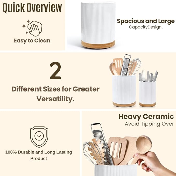 2 Pack Ceramic Utensil Holder, 7.3"+5.4" Large kitchen utensils holder for Countertop, 360° Rotating Cooking Utensil Crock for Kitchen Counter with Detachable Wooden Base, Kitchen Décor